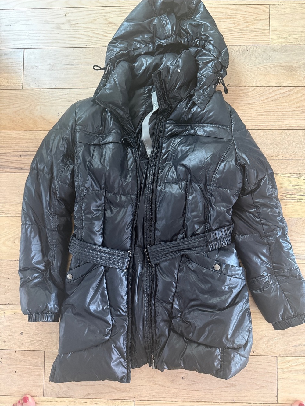 Shiny Quilted Hooded Puffer Coat in Black